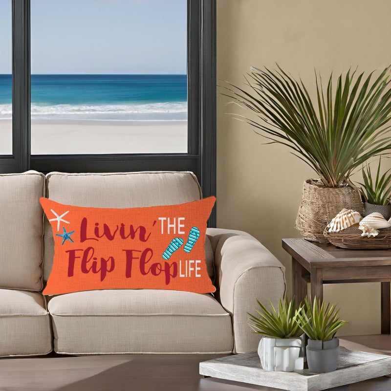 FELENIW Livin' The Flip Flop Life Starfish Shell Fun Quote Gift for Beach Lake Camping Outdoor Throw Pillow Cover Cushion Case Cotton Linen Decorative Lumbar 12x20 inch - Image 5
